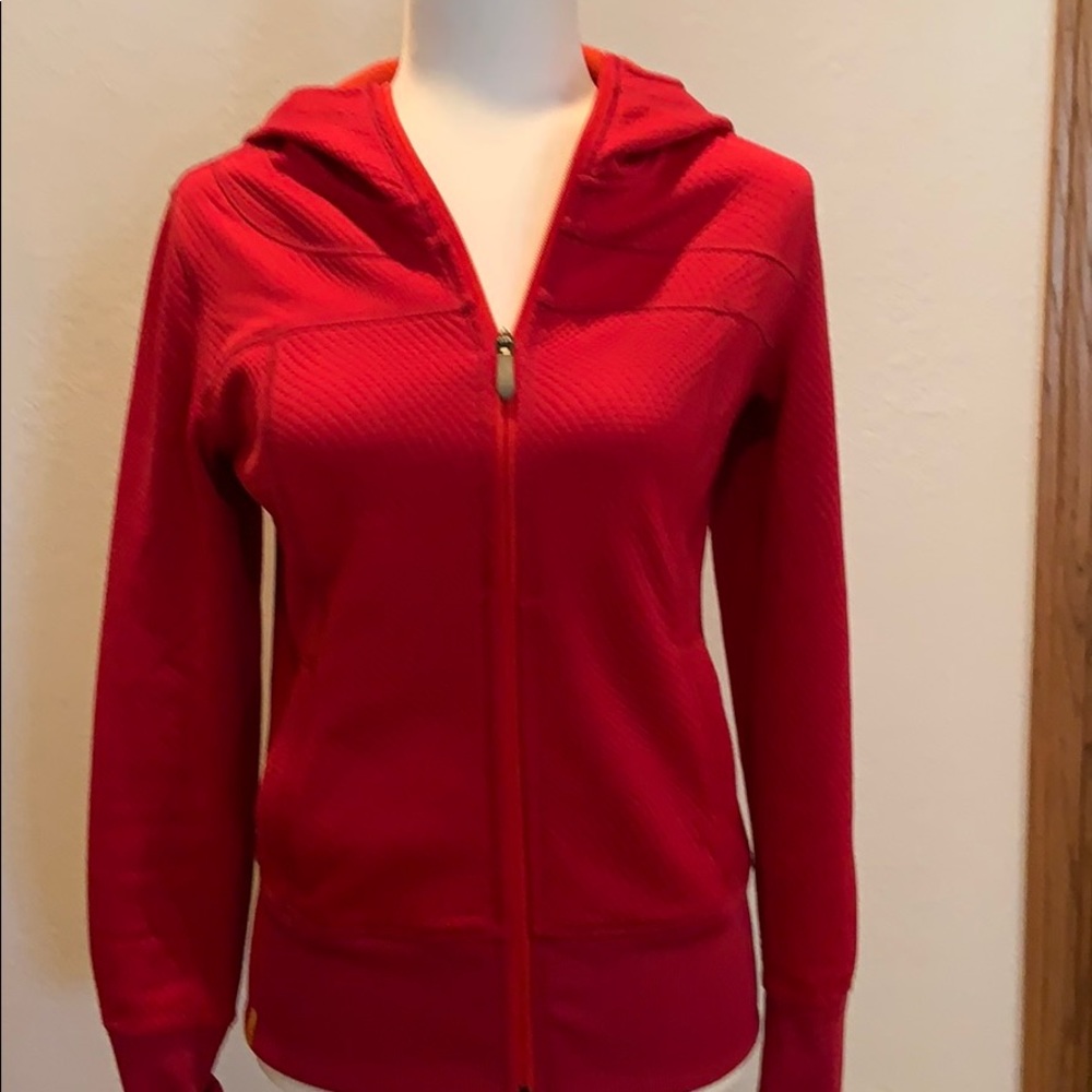 Red Lole hooded zip front sweatshirt.